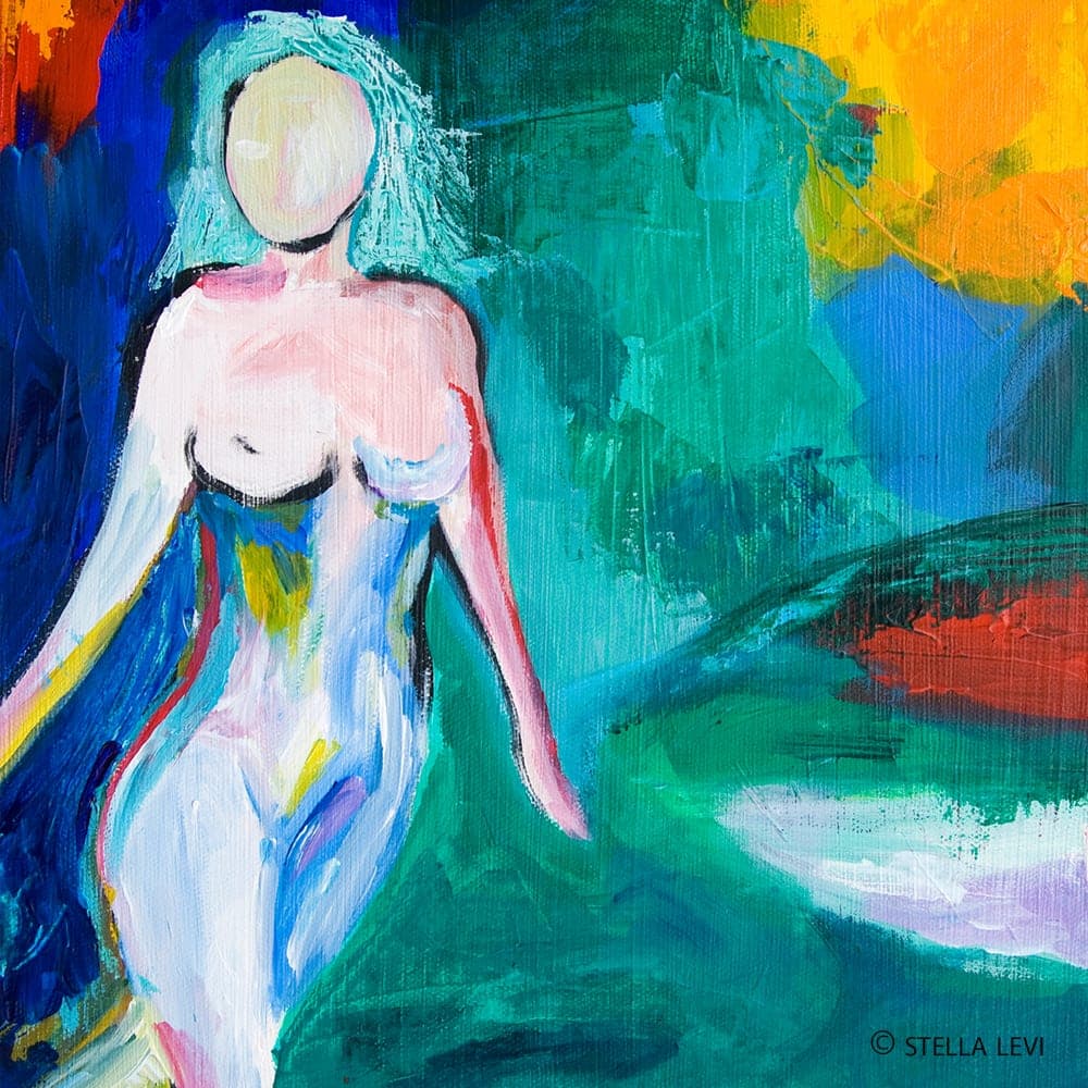 Painting of a faceless woman in blues, greens and orange