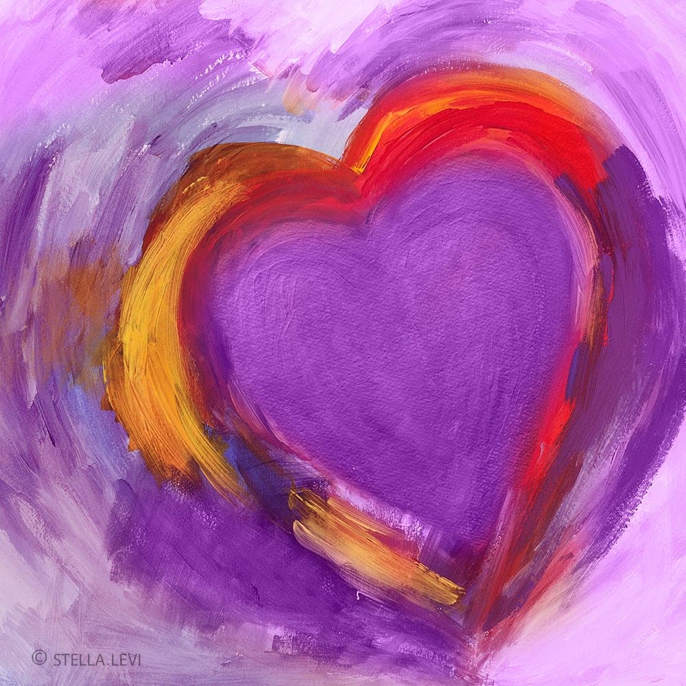 Painting of a purple heart outlined in red and orange
